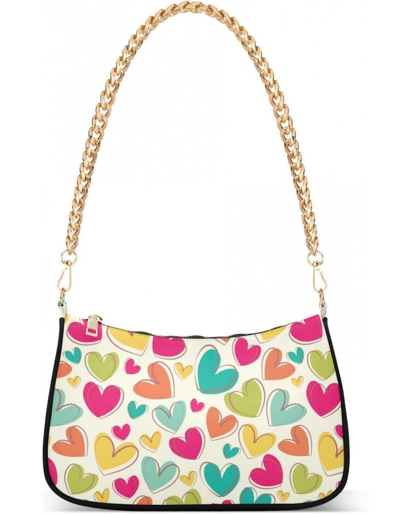 Women Chain Shoulder Purse Bag With Zipper Valentine's Day Colorful Print, Hearts Hobo Tote Clutch Handbags with Chain Strap ...