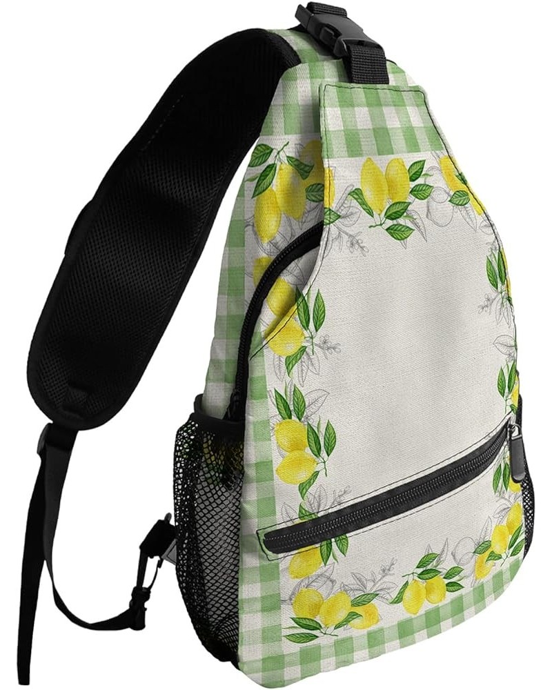 Sling Bag Crossbody Bag for Women Men Summer Farmhouse Rustic Lemon Linen Black Plaid Waterproof Hiking Backpack Lightweight ...