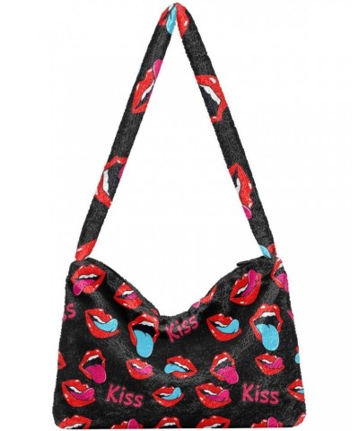 Kiss Lips Furry Tote Bag for Women Crossbody Bag Shoulder Purse Hobo Tote Handbag with Zipper for Shopping $9.87 Totes