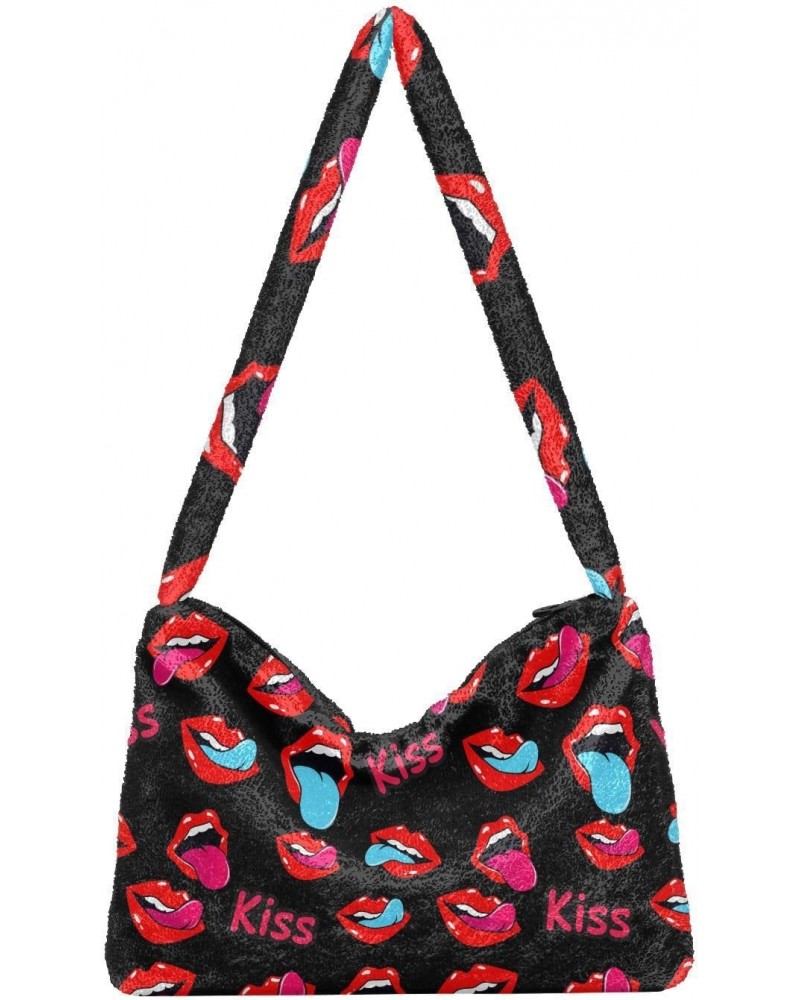 Kiss Lips Furry Tote Bag for Women Crossbody Bag Shoulder Purse Hobo Tote Handbag with Zipper for Shopping $9.87 Totes