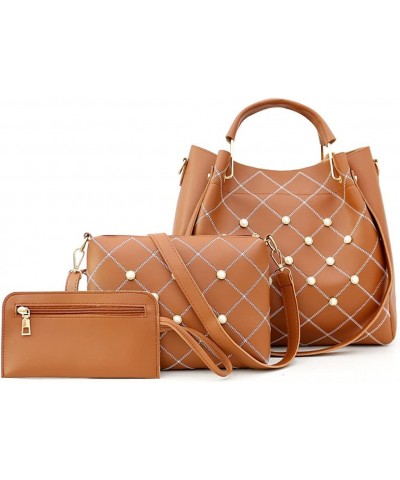 Women Tote Bag Faux Leather Handbags Pearl Check Top Handle Bag Satchel Handbags Purse Crossbody Bag Wallet 3Pc Set Brown $16...