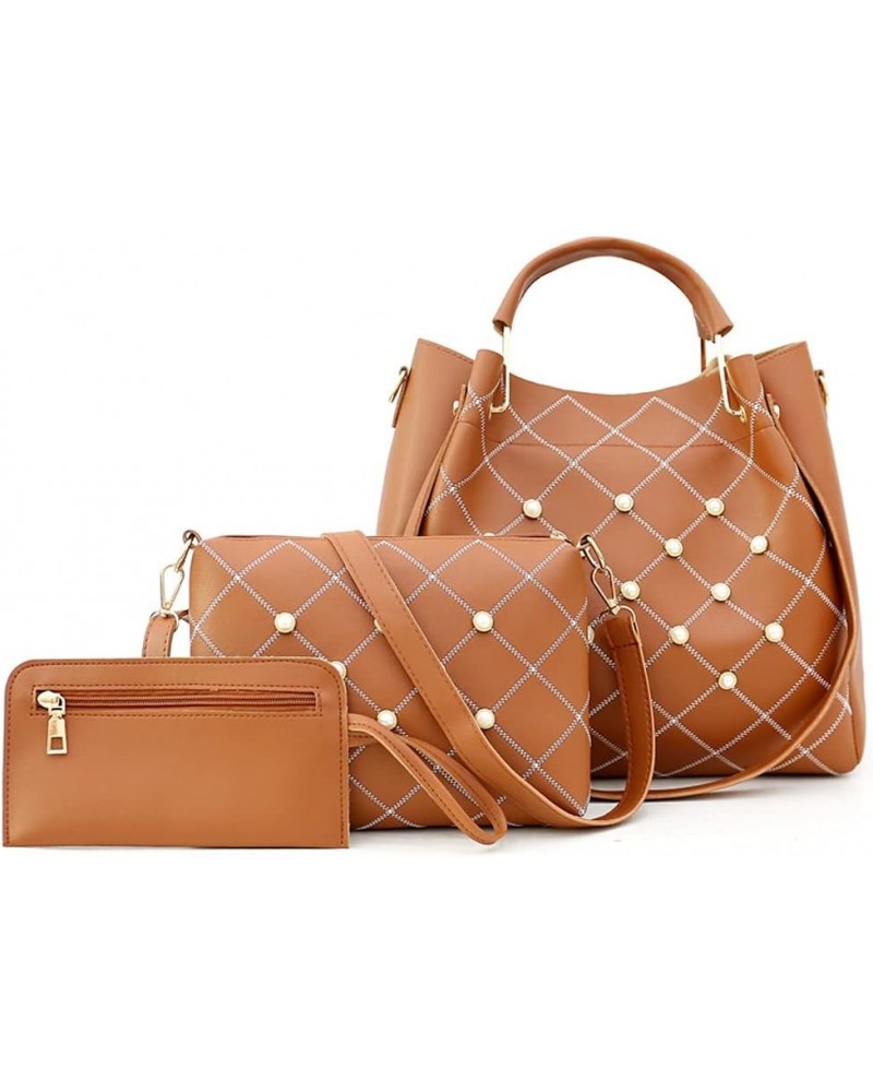 Women Tote Bag Faux Leather Handbags Pearl Check Top Handle Bag Satchel Handbags Purse Crossbody Bag Wallet 3Pc Set Brown $16...