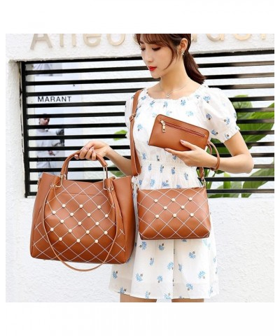 Women Tote Bag Faux Leather Handbags Pearl Check Top Handle Bag Satchel Handbags Purse Crossbody Bag Wallet 3Pc Set Brown $16...