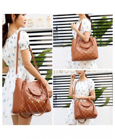 Women Tote Bag Faux Leather Handbags Pearl Check Top Handle Bag Satchel Handbags Purse Crossbody Bag Wallet 3Pc Set Brown $16...