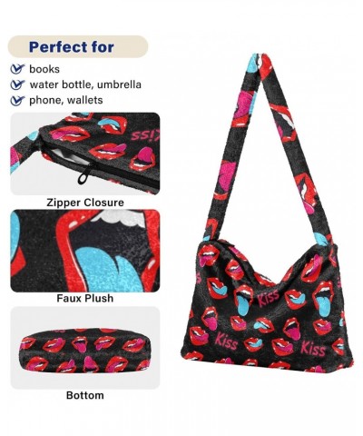 Kiss Lips Furry Tote Bag for Women Crossbody Bag Shoulder Purse Hobo Tote Handbag with Zipper for Shopping $9.87 Totes