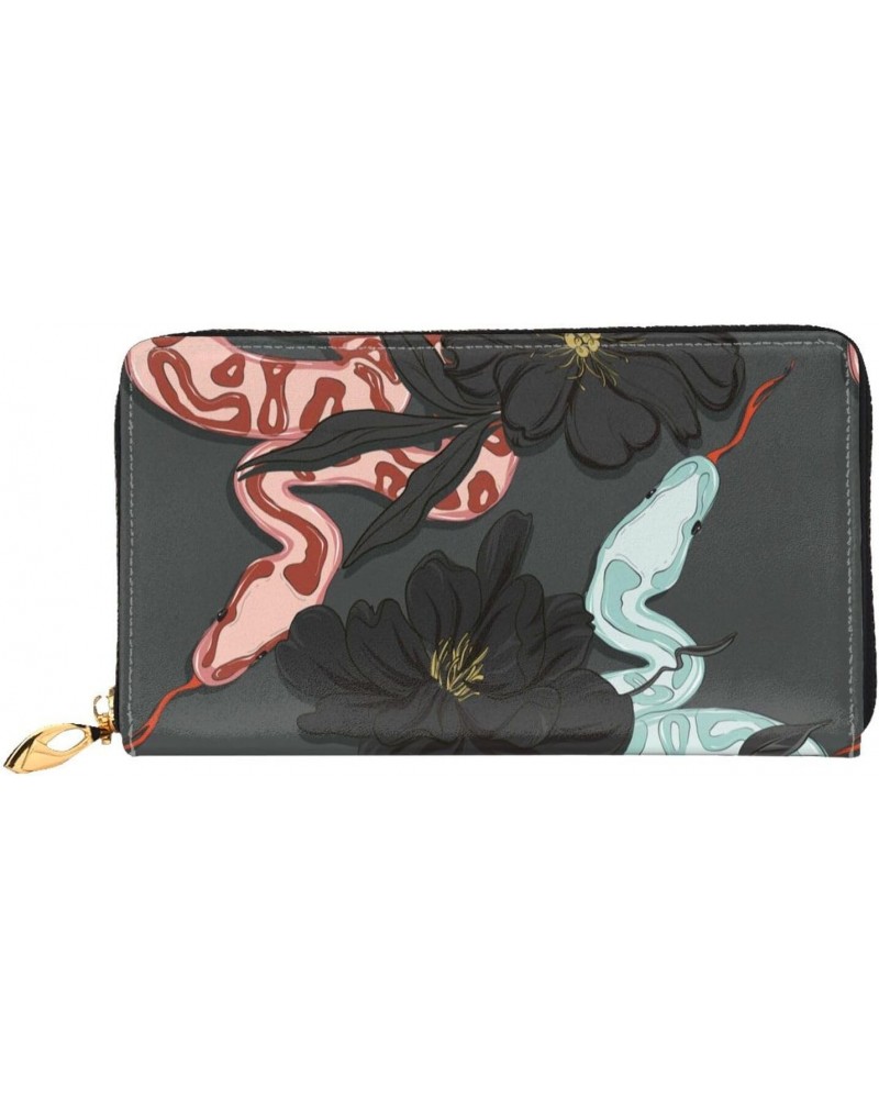 Snake In Flowers Floral Leather Wallet Credit Card Holder Wallet Fashion Wristlet Wallet Clutch Purse For Women And Men $24.9...