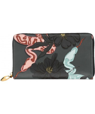 Snake In Flowers Floral Leather Wallet Credit Card Holder Wallet Fashion Wristlet Wallet Clutch Purse For Women And Men $24.9...