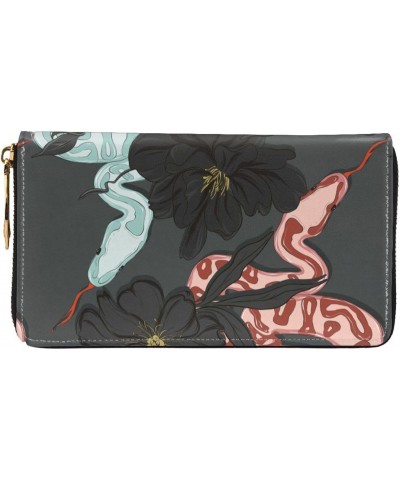 Snake In Flowers Floral Leather Wallet Credit Card Holder Wallet Fashion Wristlet Wallet Clutch Purse For Women And Men $24.9...