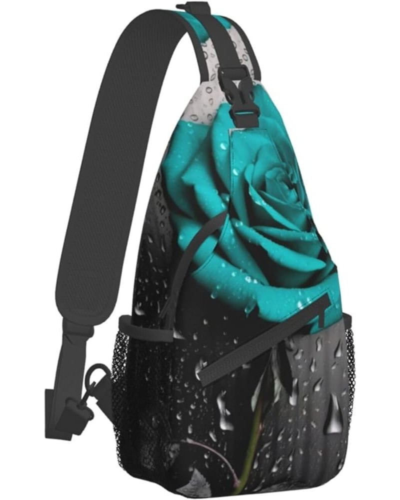 Teal Gray Rose Flower Print Men'S Casual Crossbody Chest Bag - A Versatile Accessory For Everyday Use And Short Trips Black $...