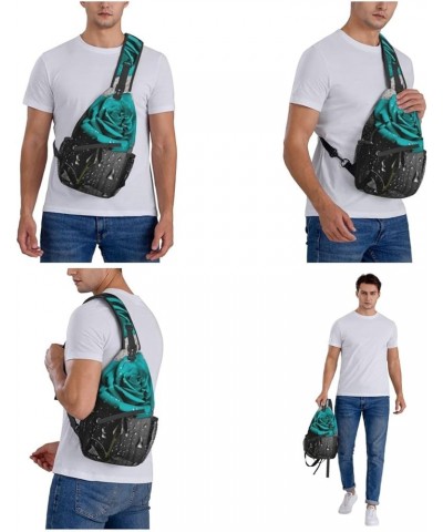 Teal Gray Rose Flower Print Men'S Casual Crossbody Chest Bag - A Versatile Accessory For Everyday Use And Short Trips Black $...