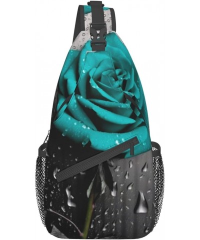 Teal Gray Rose Flower Print Men'S Casual Crossbody Chest Bag - A Versatile Accessory For Everyday Use And Short Trips Black $...