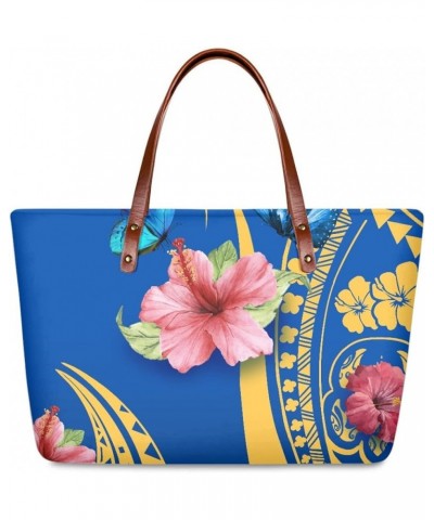 JooMeryer Womens American Samoa Polynesian Plumeria Printed PU Leather Tote Bag Shoulder Handbag Top-Handle Bag Blue Butterfl...