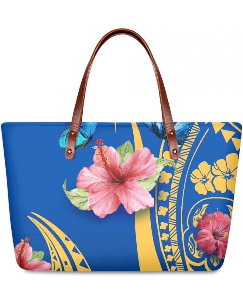 JooMeryer Womens American Samoa Polynesian Plumeria Printed PU Leather Tote Bag Shoulder Handbag Top-Handle Bag Blue Butterfl...