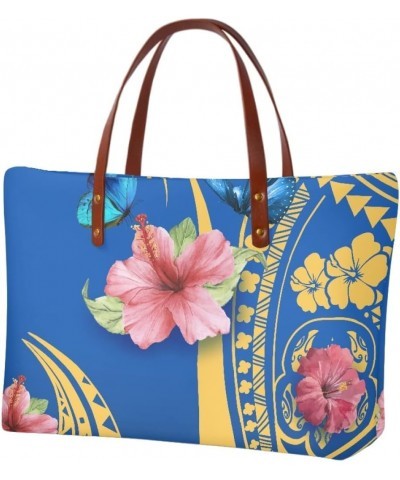 JooMeryer Womens American Samoa Polynesian Plumeria Printed PU Leather Tote Bag Shoulder Handbag Top-Handle Bag Blue Butterfl...