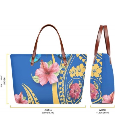 JooMeryer Womens American Samoa Polynesian Plumeria Printed PU Leather Tote Bag Shoulder Handbag Top-Handle Bag Blue Butterfl...