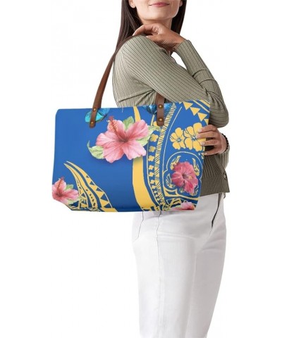 JooMeryer Womens American Samoa Polynesian Plumeria Printed PU Leather Tote Bag Shoulder Handbag Top-Handle Bag Blue Butterfl...