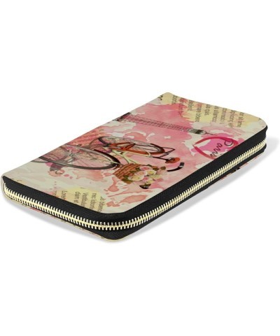 Wallets for Women PU Leather Card Holder Organizer Eiffel Tower Flowers Feathers and Text Ladies Clutch Long Zipper Womens Wa...