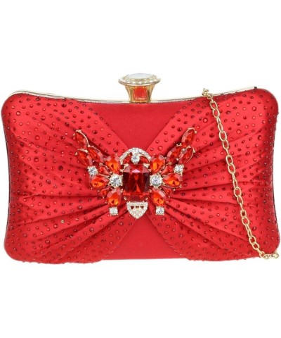 Womens Diamante Brooch Satin Hard Case Clutch Bag Red $42.10 Clutches