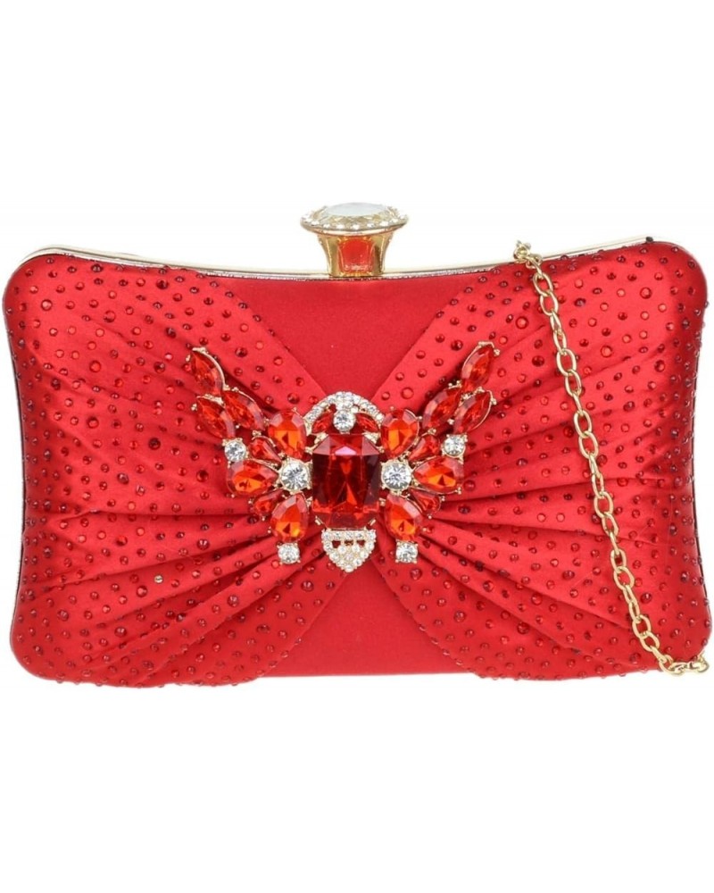 Womens Diamante Brooch Satin Hard Case Clutch Bag Red $42.10 Clutches