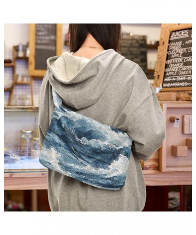 Women Shoulder Bag Great Waves Pattern Ladies Tote Bag Plush Underarm Bag Furry Handbag $11.75 Totes