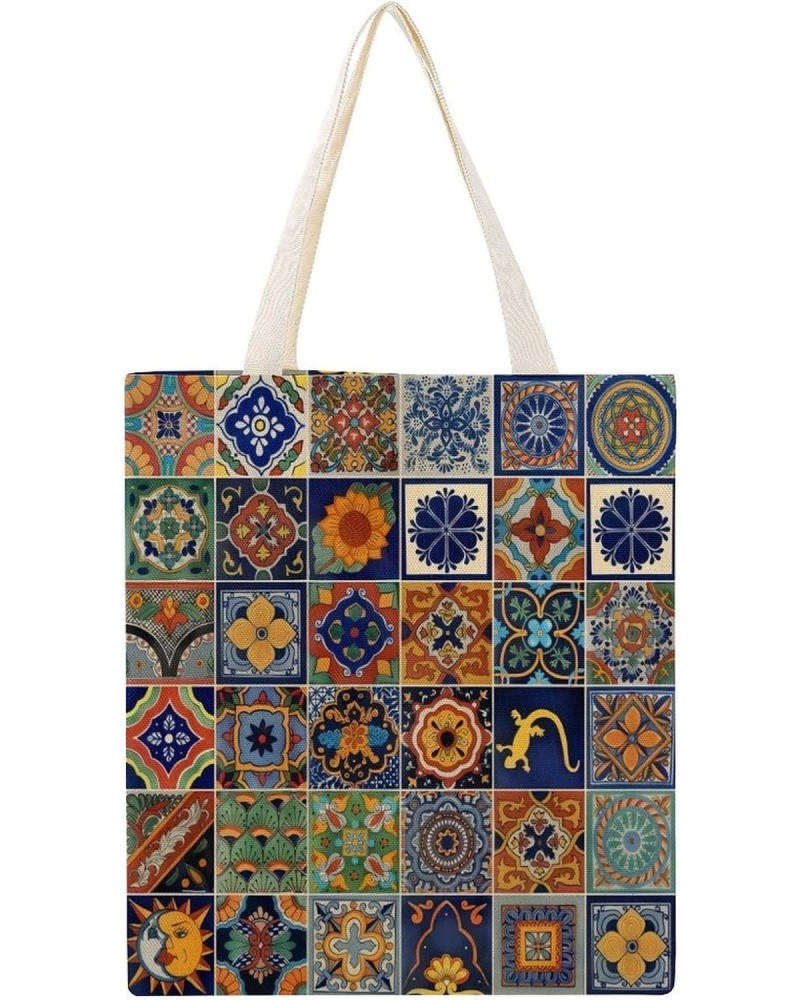 Talavera Tiles Mexican Folk CanvasTote Bag for Women Girl Canvas Shoulder Handbags Cute Large Purse $9.43 Totes