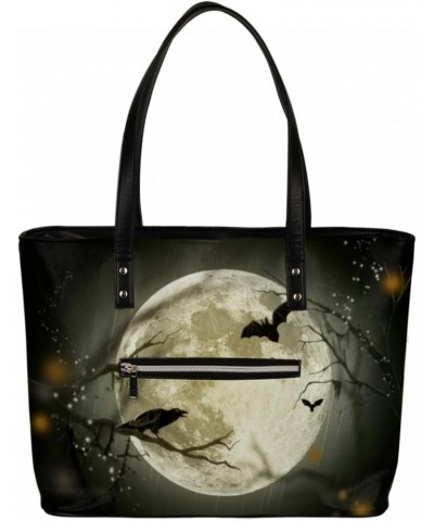 Halloween Moon Crow Bat Tote Bag Women Shoulder Handbags PU Leather Everyday Bag with External Pocket Large Capacity Aestheti...