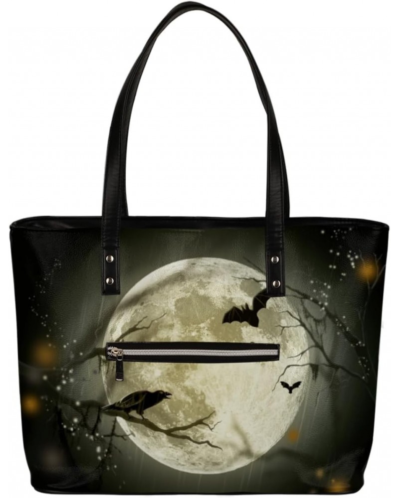 Halloween Moon Crow Bat Tote Bag Women Shoulder Handbags PU Leather Everyday Bag with External Pocket Large Capacity Aestheti...