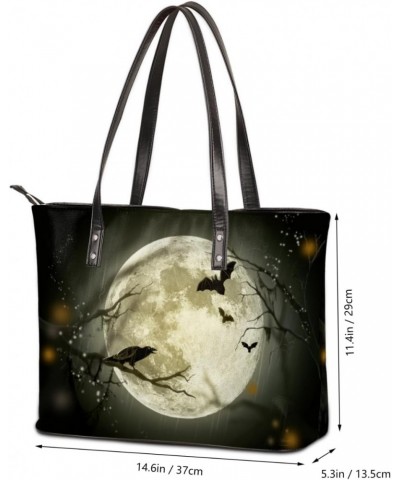 Halloween Moon Crow Bat Tote Bag Women Shoulder Handbags PU Leather Everyday Bag with External Pocket Large Capacity Aestheti...