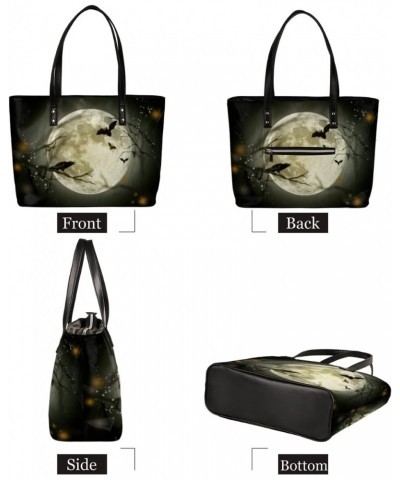 Halloween Moon Crow Bat Tote Bag Women Shoulder Handbags PU Leather Everyday Bag with External Pocket Large Capacity Aestheti...