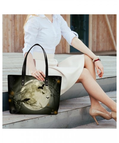 Halloween Moon Crow Bat Tote Bag Women Shoulder Handbags PU Leather Everyday Bag with External Pocket Large Capacity Aestheti...