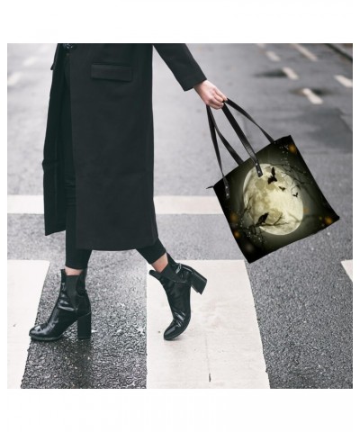 Halloween Moon Crow Bat Tote Bag Women Shoulder Handbags PU Leather Everyday Bag with External Pocket Large Capacity Aestheti...