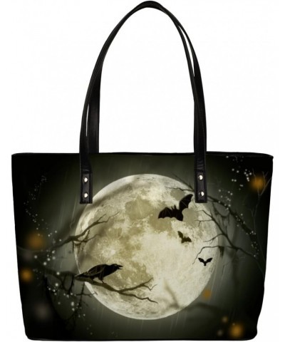 Halloween Moon Crow Bat Tote Bag Women Shoulder Handbags PU Leather Everyday Bag with External Pocket Large Capacity Aestheti...