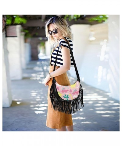 Women Fringe Tassel Cross Body Bag Watercolor Eiffel Tower Grey Leisure Shoulder Bag Color230 $11.10 Crossbody Bags