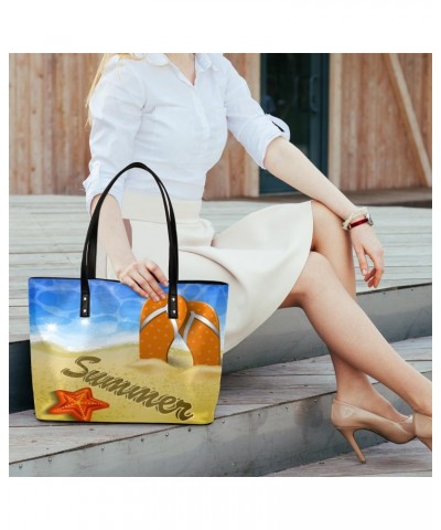 Beach Starfish Flip Flop Tote Bag Women Shoulder Handbags PU Leather Everyday Bag with External Pocket Large Capacity Aesthet...