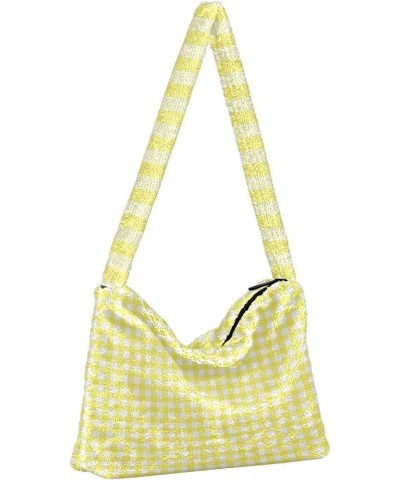 Colorful Striped Plaid Women's Shoulder Bag, Furry Purse Crossbody Hobo Handbag Yellow Plaid $11.75 Hobo Bags