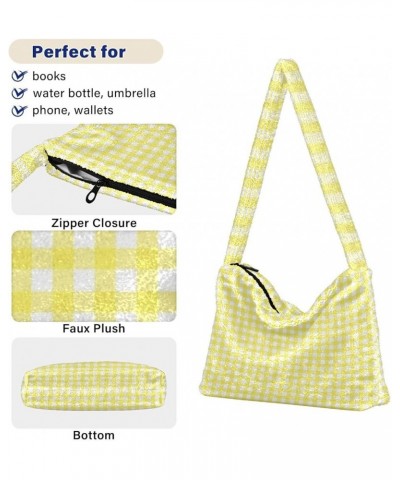 Colorful Striped Plaid Women's Shoulder Bag, Furry Purse Crossbody Hobo Handbag Yellow Plaid $11.75 Hobo Bags