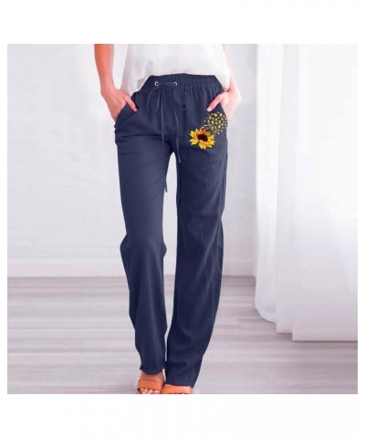 Women Summer Loose Drawstring Elastic High Waist Comfy Trousers Straight Leg Long Pant Navy $10.89 Clothing