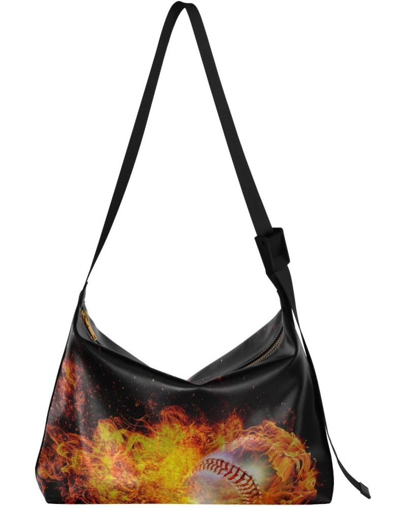 Baseball Ball Hobo Crossbody Bags for Women Leather Large Shoulder Bag Cross Body Fire Flames Trendy Womens Tote Bags Handbag...