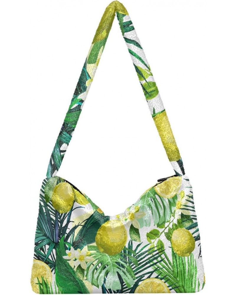 Lemon Flowers Tropical Leaves Furry Tote Bag for Women Crossbody Bag Crossbody Handbag Puffer Bag with Zipper for Autumn $10....