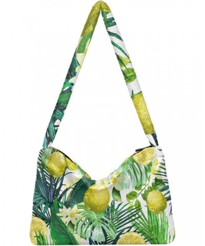 Lemon Flowers Tropical Leaves Furry Tote Bag for Women Crossbody Bag Crossbody Handbag Puffer Bag with Zipper for Autumn $10....