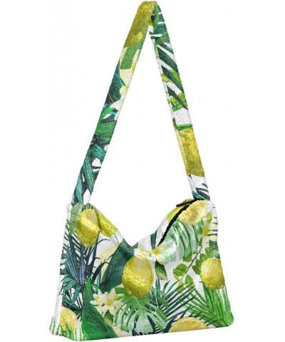 Lemon Flowers Tropical Leaves Furry Tote Bag for Women Crossbody Bag Crossbody Handbag Puffer Bag with Zipper for Autumn $10....