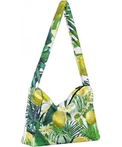 Lemon Flowers Tropical Leaves Furry Tote Bag for Women Crossbody Bag Crossbody Handbag Puffer Bag with Zipper for Autumn $10....