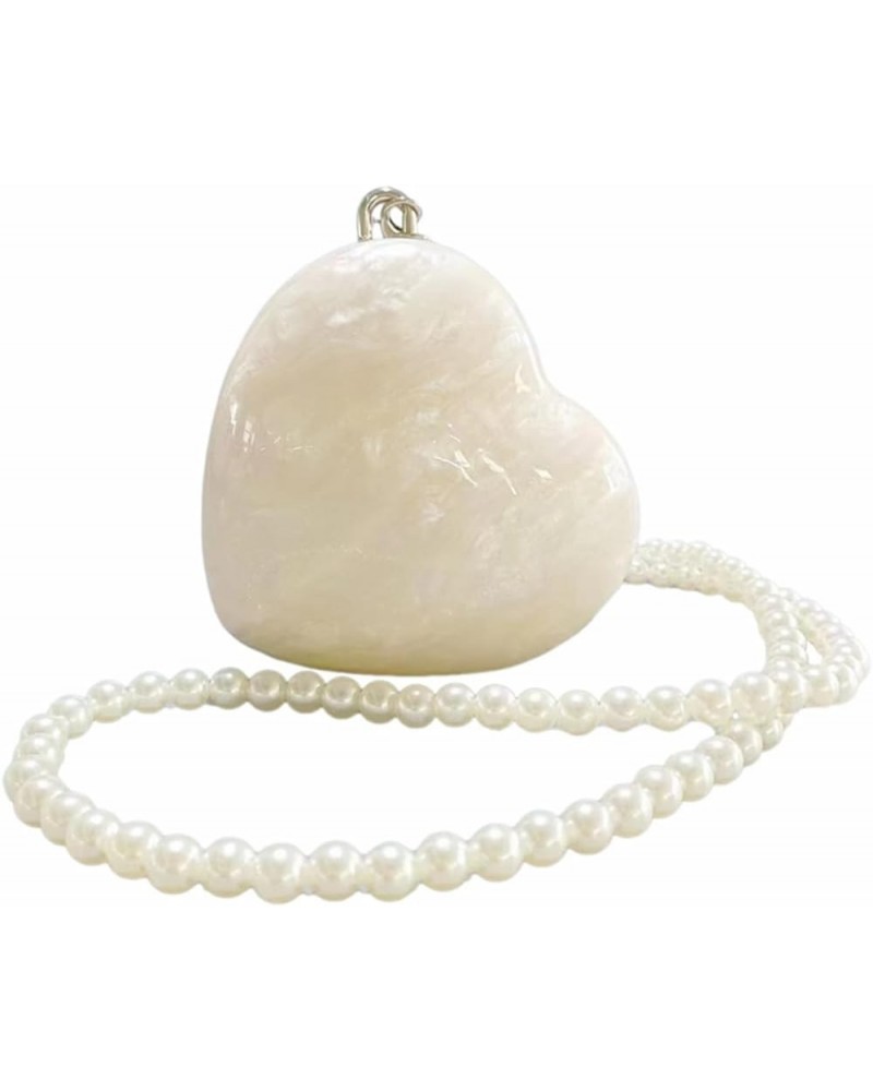 Cute Heart Shape Acrylic Clutch Trendy Pearl Chain Love Heart Handbag Marble Acrylic Heart Evening Bag with Strap, White Whit...