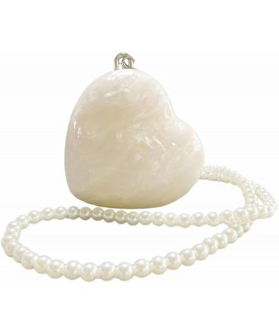 Cute Heart Shape Acrylic Clutch Trendy Pearl Chain Love Heart Handbag Marble Acrylic Heart Evening Bag with Strap, White Whit...