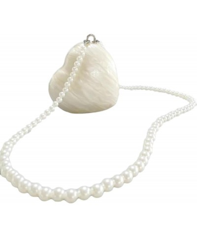 Cute Heart Shape Acrylic Clutch Trendy Pearl Chain Love Heart Handbag Marble Acrylic Heart Evening Bag with Strap, White Whit...