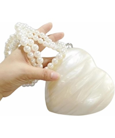 Cute Heart Shape Acrylic Clutch Trendy Pearl Chain Love Heart Handbag Marble Acrylic Heart Evening Bag with Strap, White Whit...