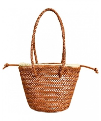 Genuine Leather Weave Handbag For Women Cowhide Shoulder Bag Lady Handmade Basket Packs Shopping Tote Beige $87.08 Totes