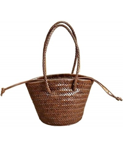 Genuine Leather Weave Handbag For Women Cowhide Shoulder Bag Lady Handmade Basket Packs Shopping Tote Beige $87.08 Totes