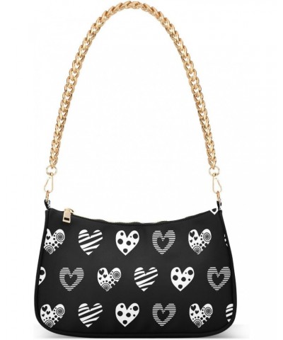 Women Chain Shoulder Purse Bag With Zipper Black and White Hearts Print, Pretty Valentine Hobo Tote Clutch Handbags with Chai...