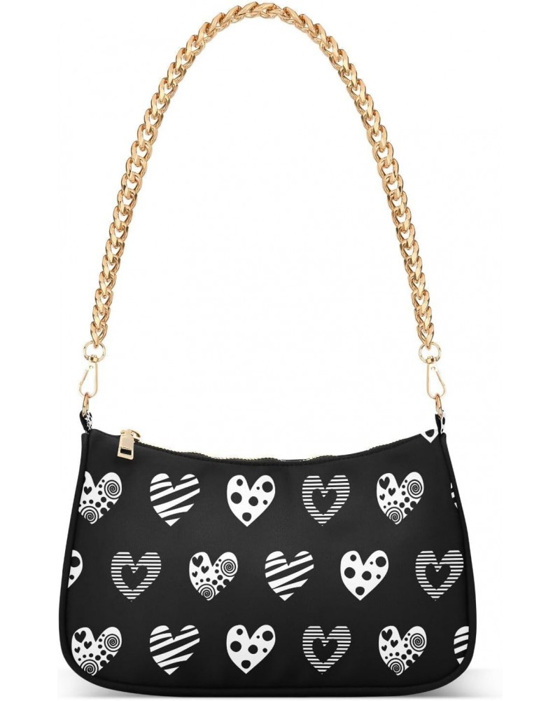 Women Chain Shoulder Purse Bag With Zipper Black and White Hearts Print, Pretty Valentine Hobo Tote Clutch Handbags with Chai...